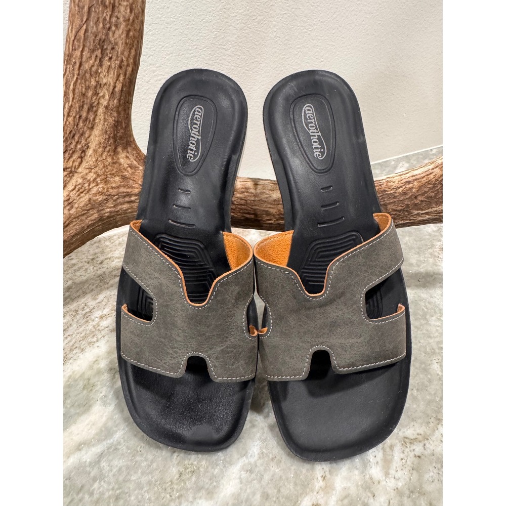 Aerothotic Grey H-Strap Slide Sandals Comfort Footbed Size 37 EU Womens